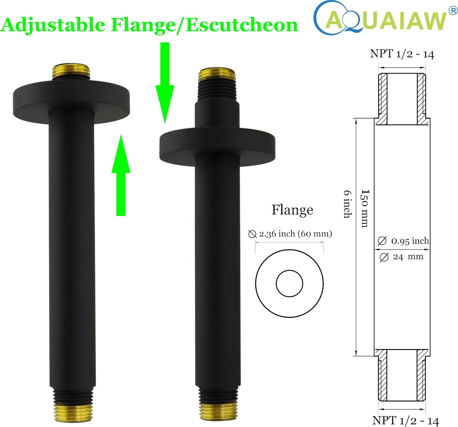 Aquaiaw Shower Arm And O Ring Flange Universal Rainfall Shower Head Arm Ceiling Mount Shower Head Extension Arm Straight Shower Arm Extension Solid Brass Both 1 2 Npt Round Matte Black 6 Inch Showers