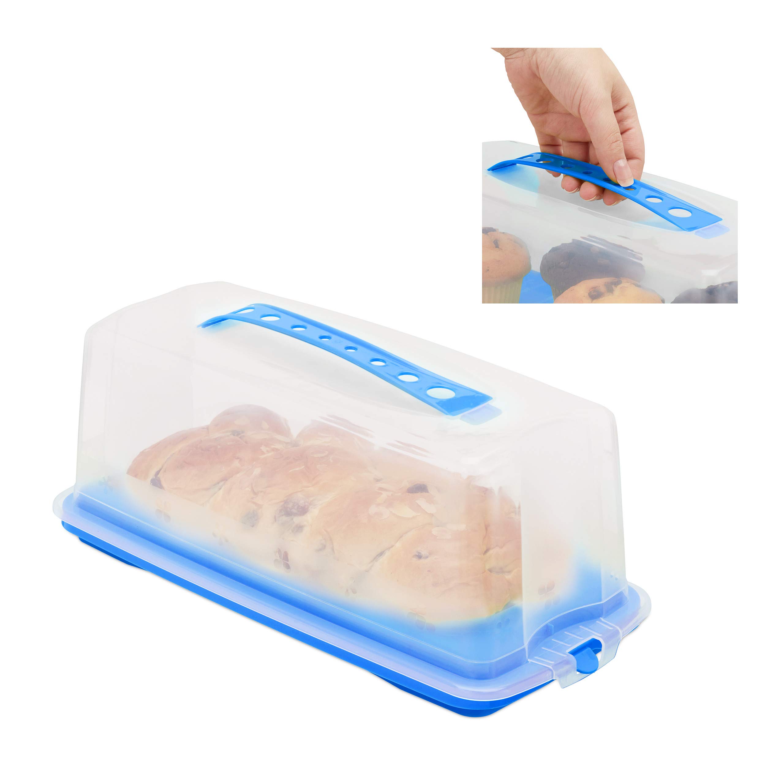 Relaxdays Cake Carrier, Rectangular with Handle and Lid, Transport Container, HxWxD: 15 x 37 x 16 cm, Blue/Clear