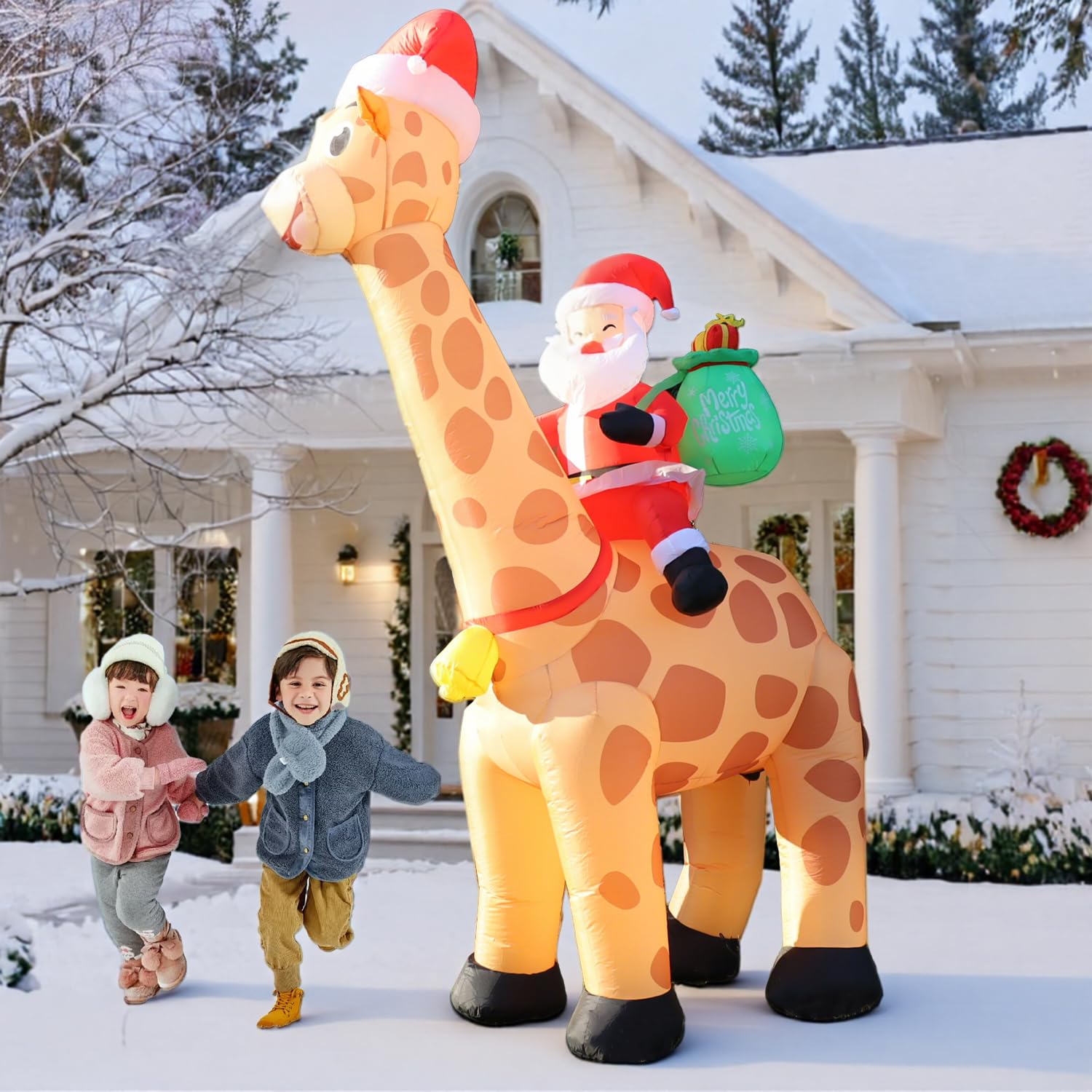 Photo 1 of 10FT Christmas Inflatables Santa Claus Rides Giraffe, Christmas Blow Ups Outdoor Decoration, Built-in LEDs for Holiday Party Front Garden Lawn Yard Patio Outdoor