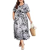 BELAROI Women Maxi Dress Casual Summer Crew Neck Short Sleeve Midi Tshirt Dress with Pockets Beach Cover Ups