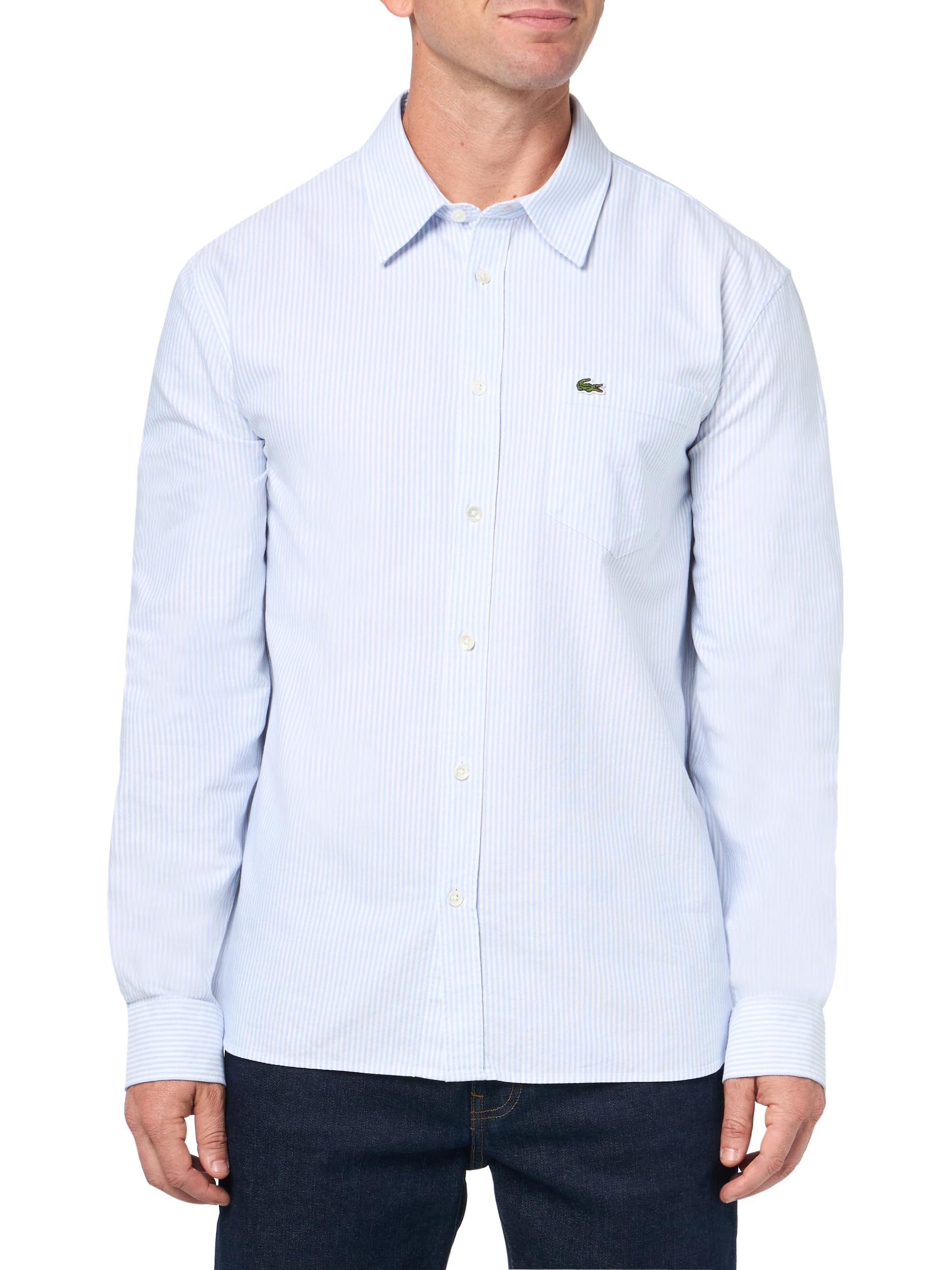 Lacoste Men’s Striped Oxford Cotton Shirt with Pocket, Overview & White, Large