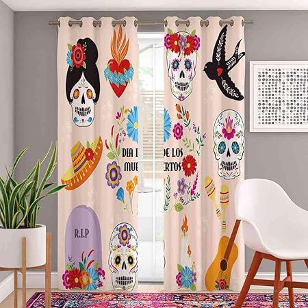 Atomack - Cortinas con ojales, diseño de calavera azucarera, 213 cm de