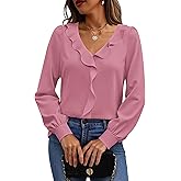 Halife Womens Dressy Casual Blouses Long Sleeve Business Tops Ruffle V Neck Trendy Work Shirts
