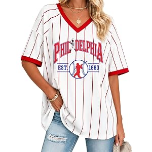 QIXYN Baseball Jersey Women Oversized Striped Shirt Game Day Fan Gift | Red White And Blue,Baseball Mom Shirt,Oversized Jerse
