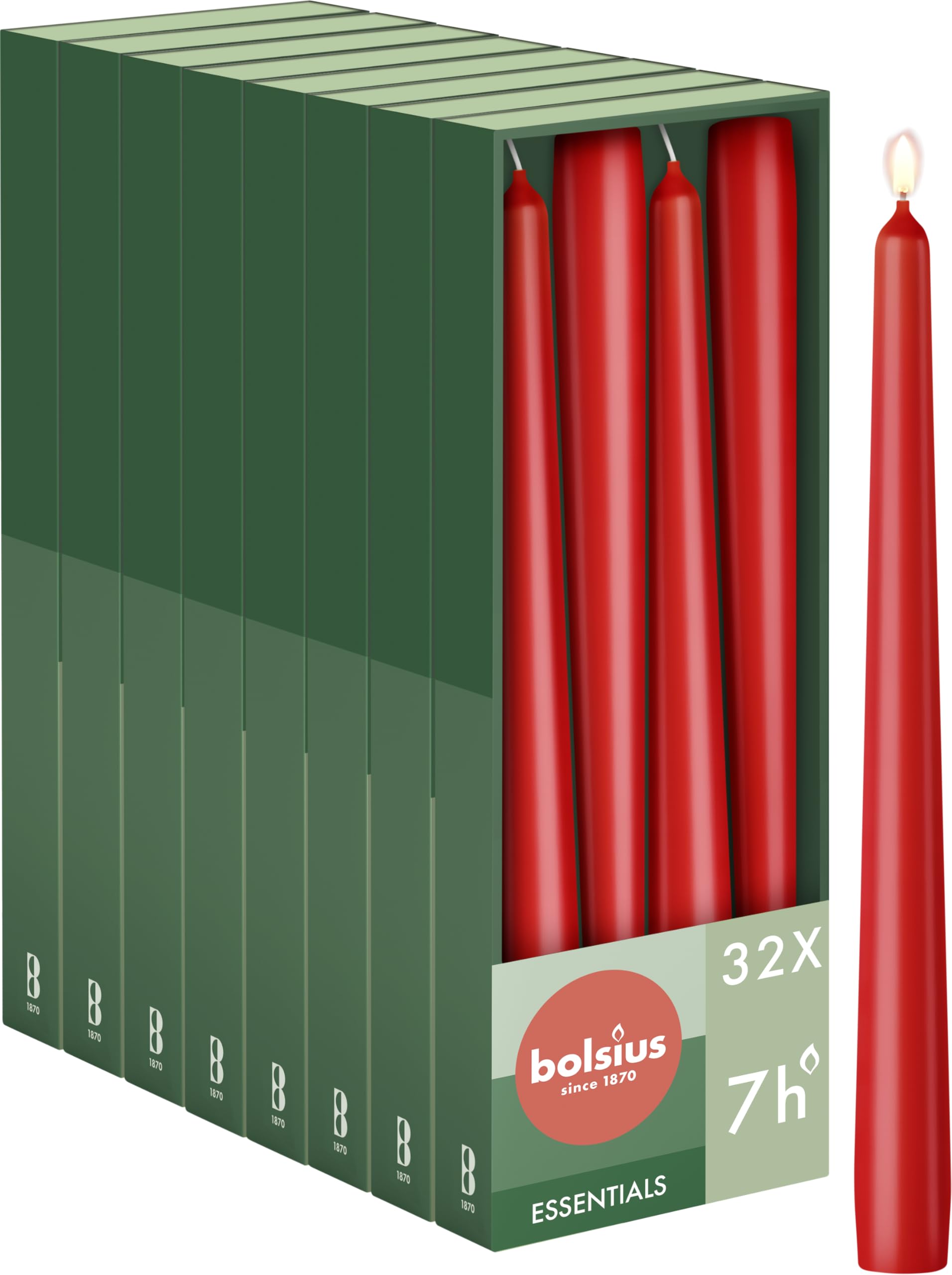 Bolsius Smooth Taper Candles - Red - Pack of 32 - Decorative Household Candles - Burning Time 7 Hours - Unscented - Contains Natural Plant Wax - Without Palm Oil - 24.5 cm