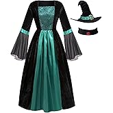 GRAJTCIN Adult Wicked Witch Costume Women Gothic Vampire Halloween Party Cosplay Dress with Hat