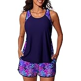 Summer Mae Blouson Tankini Swimsuits for Women 2026 Tummy Control Two Piece Bathing Suits with Sporty Pockets Swim Shorts