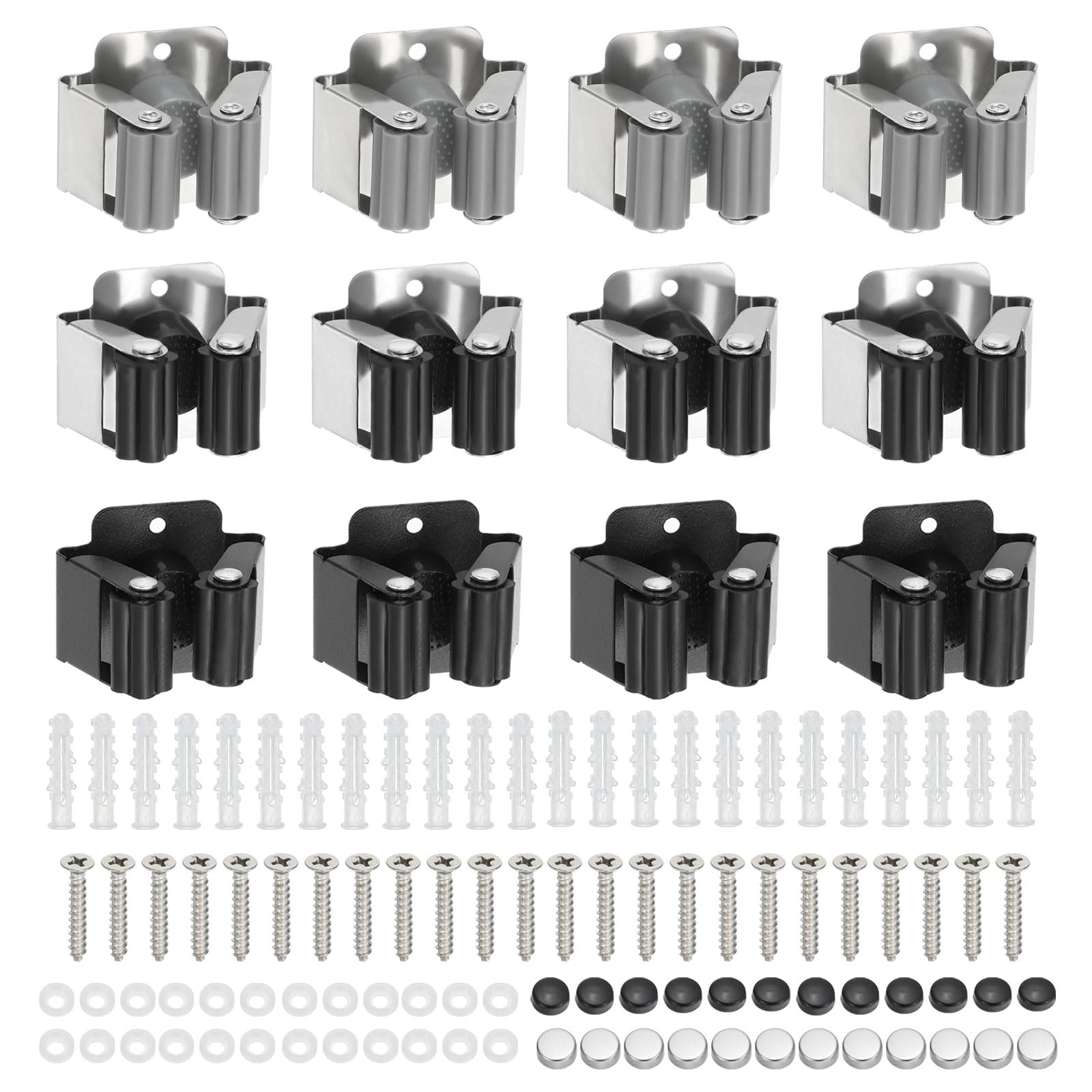 PATIKIL Broom and Mop Holder, 24 Pack Wall Mounted Stainless Steel Hanger Heavy Garden Tool Organizer Hanging Clips with Screws for Home Garage, 3 Colors