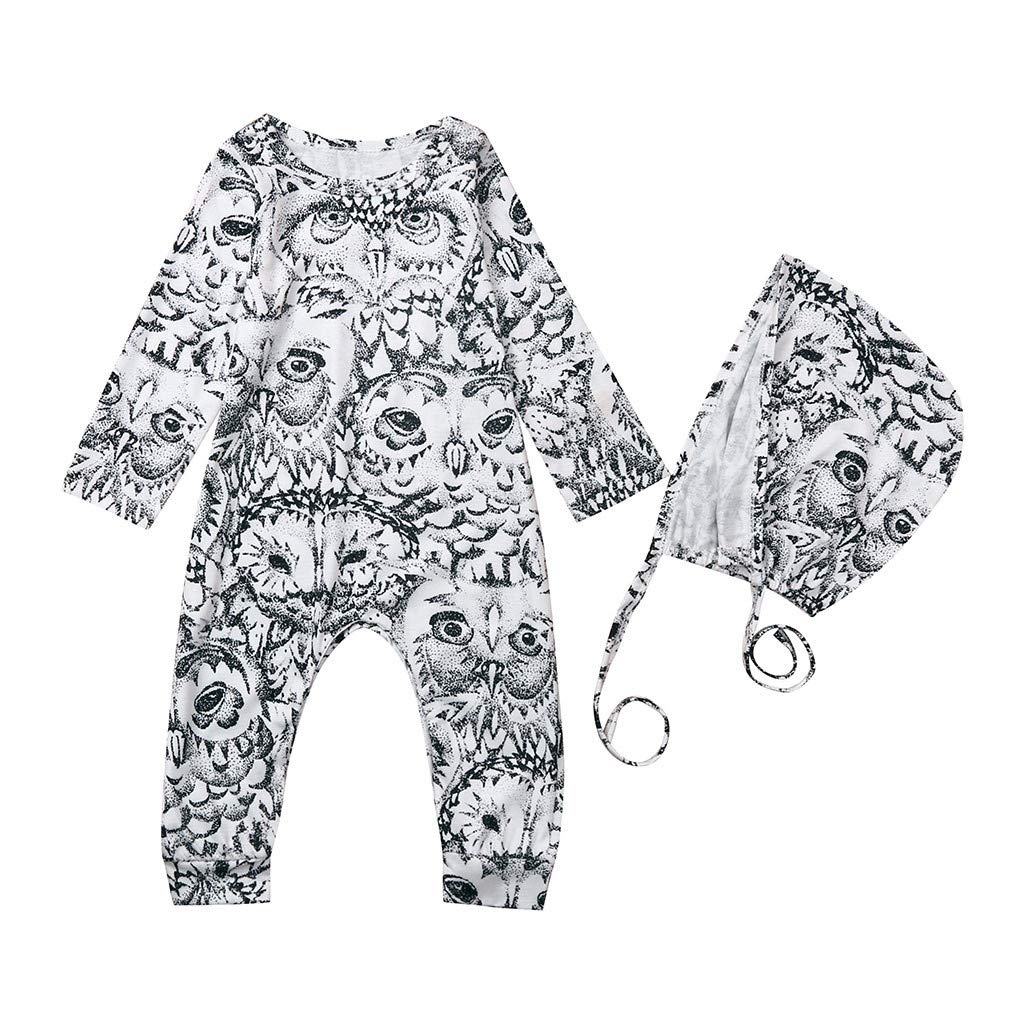 Newborn Cartoon Rompers, Baby Boy Girl Jumpsuit Infant Toddler Owl Print Long Sleeve Cotton Pajamas Playsuit Homewear Sleeping Hat Outfits (White, 0-6 Months)