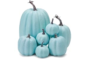 LULU DEER 7Pcs Artificial Pumpkins of all Styles Halloween Decoration Rural Style Farmhouse Foam Pumpkin Harvest Season Thanksgiving Day is Suitable for Table top House Dining Table Party Decoration (Light Blue