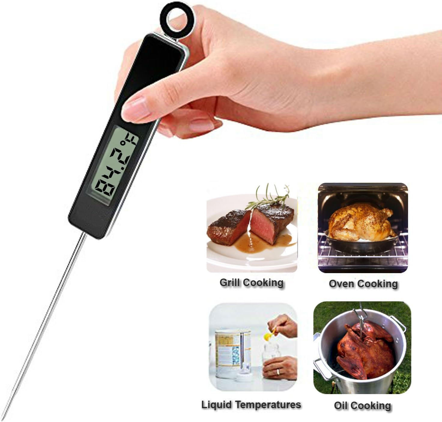 RiLahy Digital Meat Thermometer Cooking Fork Long Probe plus Meat Temperature Guide by Chef Beaty Instant Read Large LCD Screen Uses Steak, Grilling, BBQ Chicken, Pork, Liquids For Kitchen and Grill