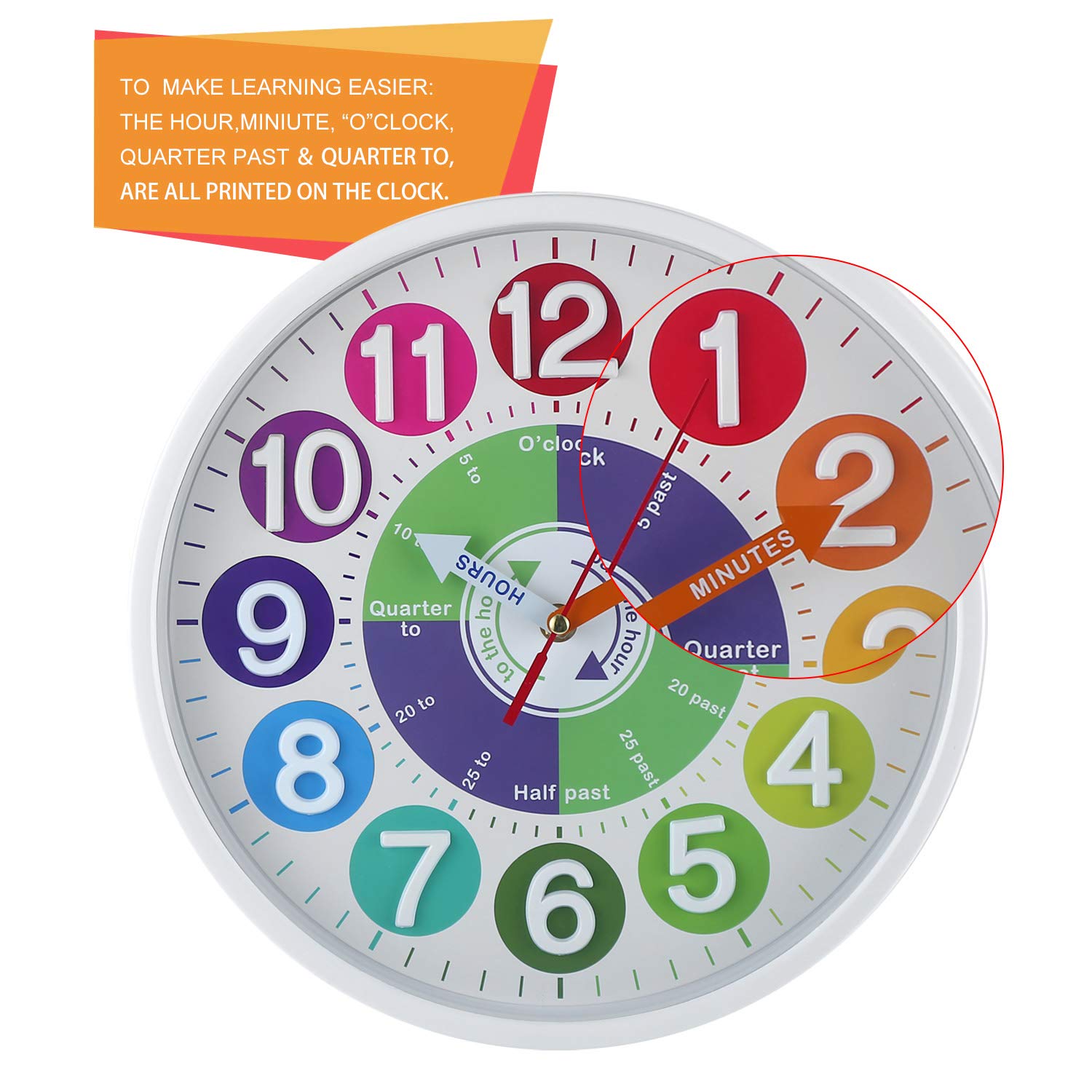Mua 12" Wall Clock for Kids Learning to Tell Time with 3D Colorful Dial ...