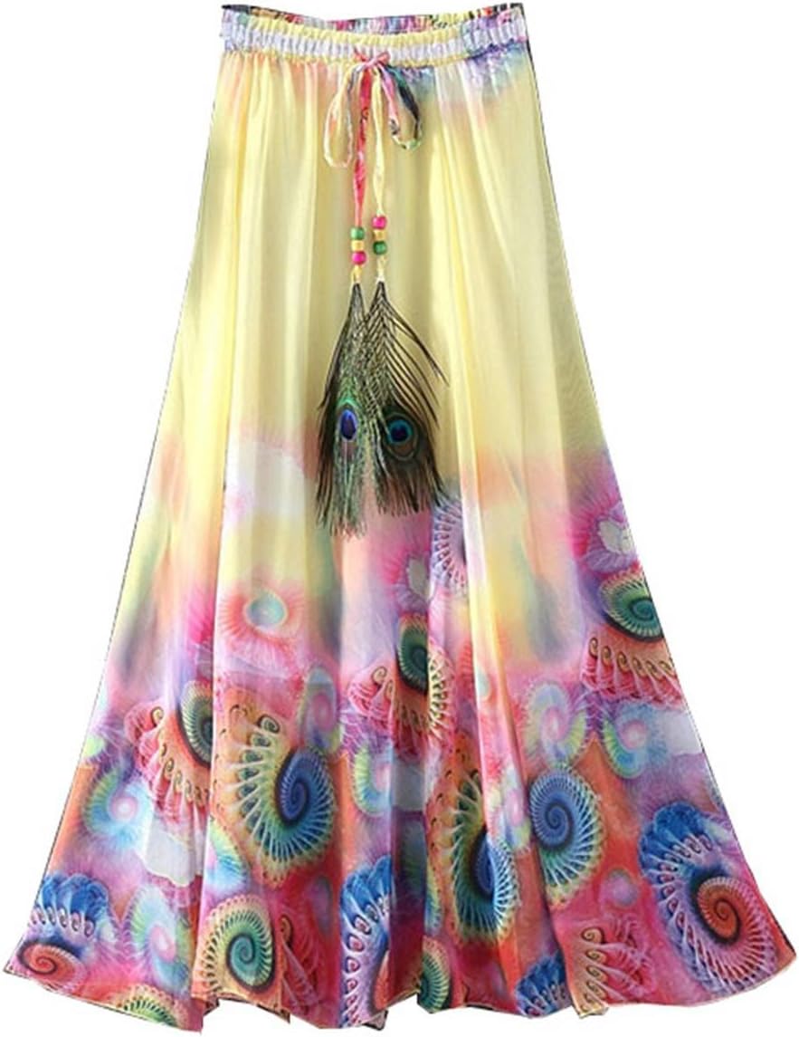 Kaxuyiiy Women's Floral Boho Peacock Feather Beach Party Maxi Long Pleated Skirt