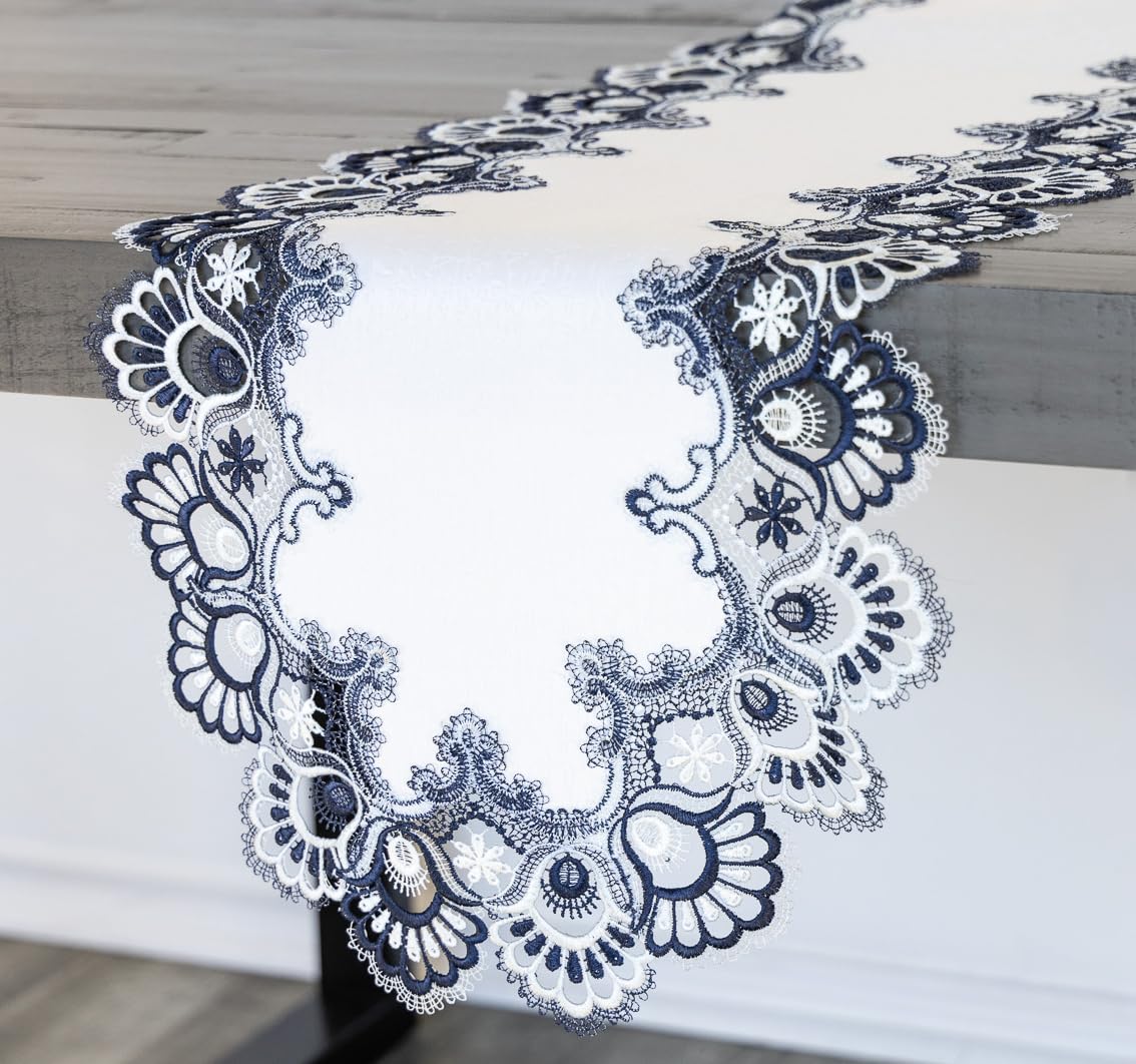 Linens, Art and Things White Navy Blue Jacquard Peacock Tail Lace Dresser Scarf Table Runner Coffee Table Runner 16" x 54" Approx