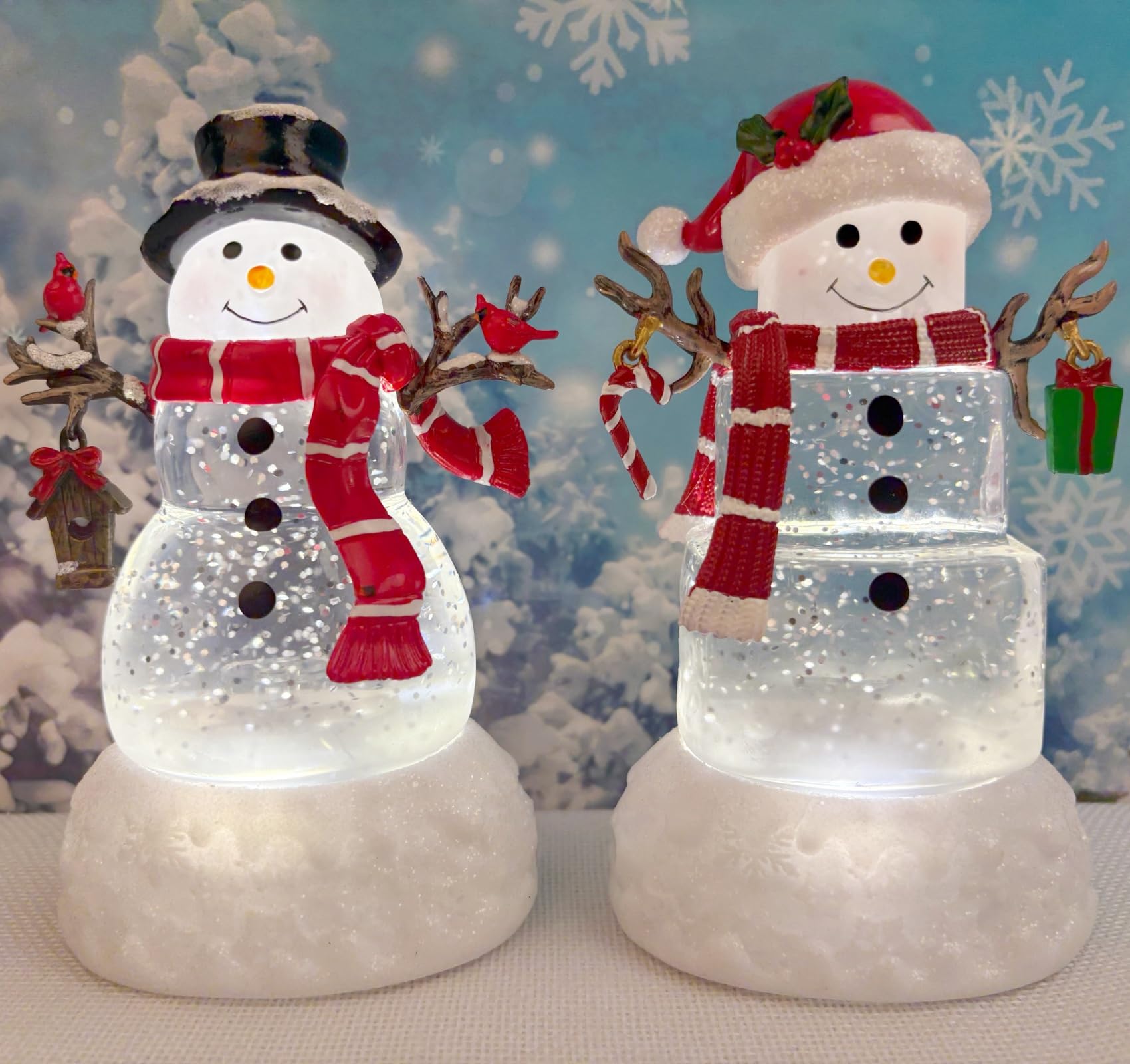Photo 1 of **DO NOT LIGHT UP**2 Pack Snowman Christmas Snow Globes with 8 Songs Music and 6H Timer USB & Battery Powered Christmas Decoration Snow Water Globe Swirling Glitter for Xmas Holiday Table Decorations Gifts (Two Snowmen)