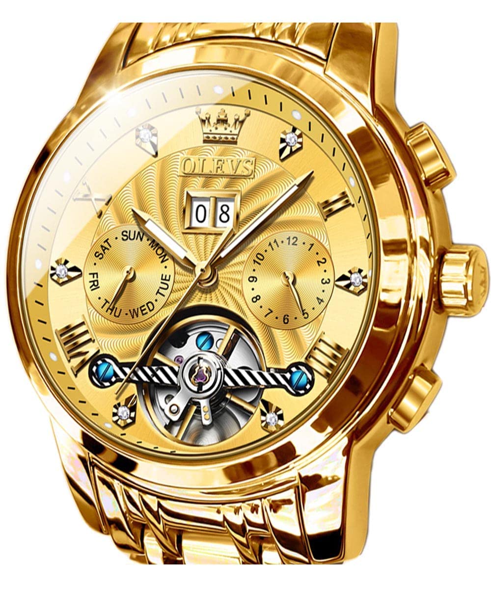 OLEVS Men Automatic Watch Gold Skeleton 5 Hands Mechanical Classic Luxury Multi Calendar Stainless Steel Waterproof Wrist Watch for Men