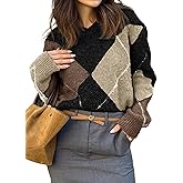 dsumvns Women's V-Neck Argyle Sweaters Pullover Color Block Oversized Chunky Knit Casual Sweater Top