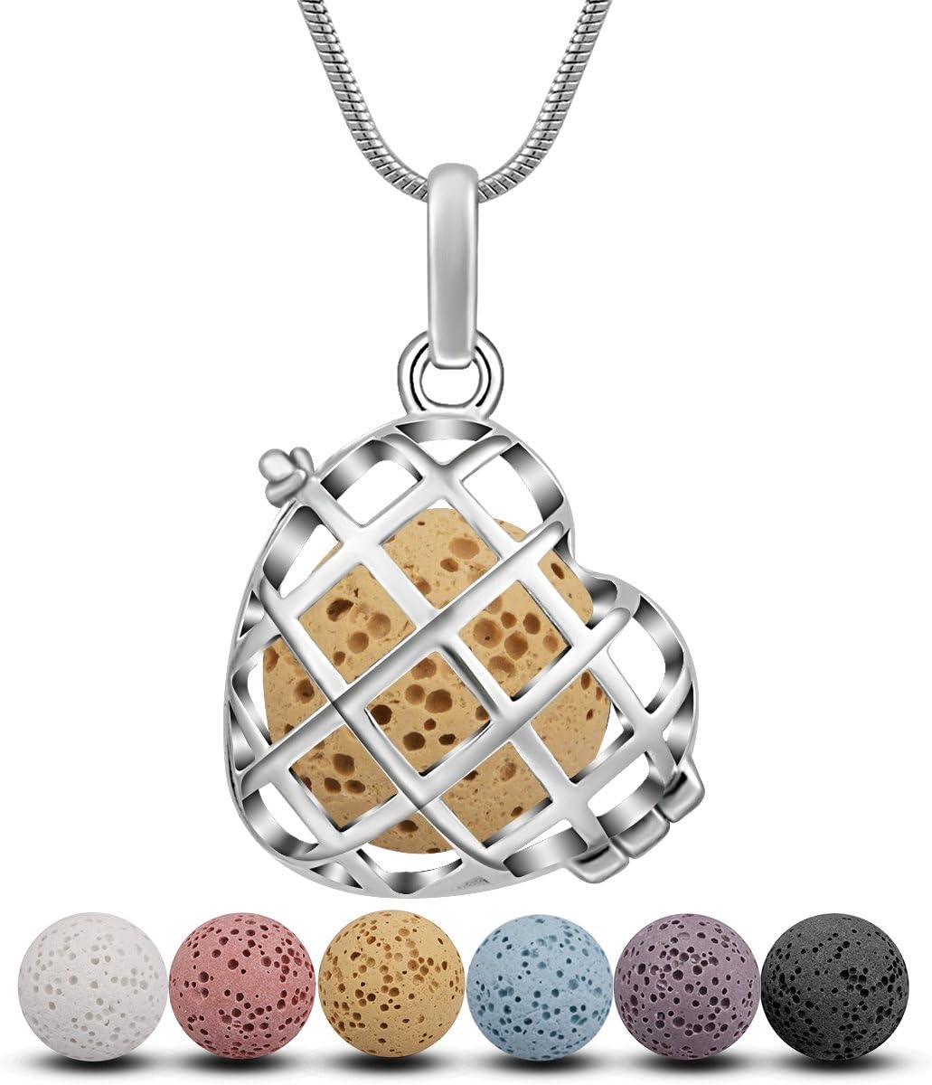 Eudora Harmony Floating Silver Plated Locket Cage Aromatherapy Essential Oil Diffuser Necklace Pendant with 7 PCS Lava Rock Beads,24inch Snake Chain