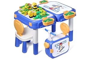 fygurso Toddler Table and Chair Set, Water/Sand Sensory Rideable Building Block Kids Table and Chairs with 90 Pcs Compatible Large Bricks, Activity Table with Storage, STEM Toys for Kids Ages 3+