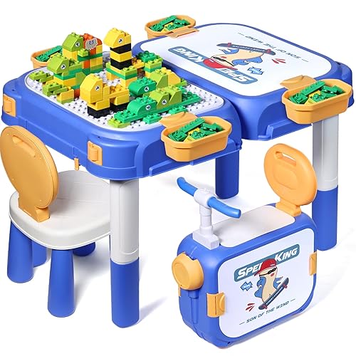fygurso Toddler Table and Chair set, Sand/Water/Sensory/Rideable Building Block Kids Table and Chairs with 90 Pcs Compatible Large Bricks, Kids Activity Table with Storage, STEM Toys for Kids Ages 3+