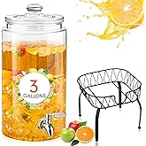 Honeydak 1 Pack 3 Gallon Glass Beverage Dispenser with Stand and Spigot Leakproof Glass Drink Beverage Storage Lemonade Juice Jar Mason Jar Dispenser with Lids for Valentine's Wedding Parties Kitchen