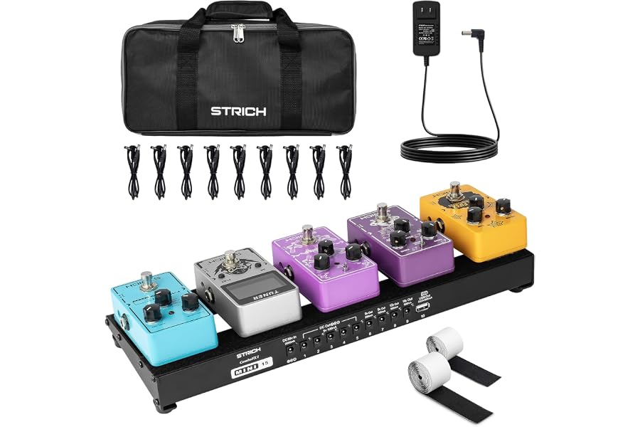 STRICH Pedal Board with Built-in Power Supply, Small Guitar Pedalboard 15" x 5.1" 1.3LB Lightweight Aluminum Alloy with Pedal Cables, Bag, Hook Loop Strips MINI 15