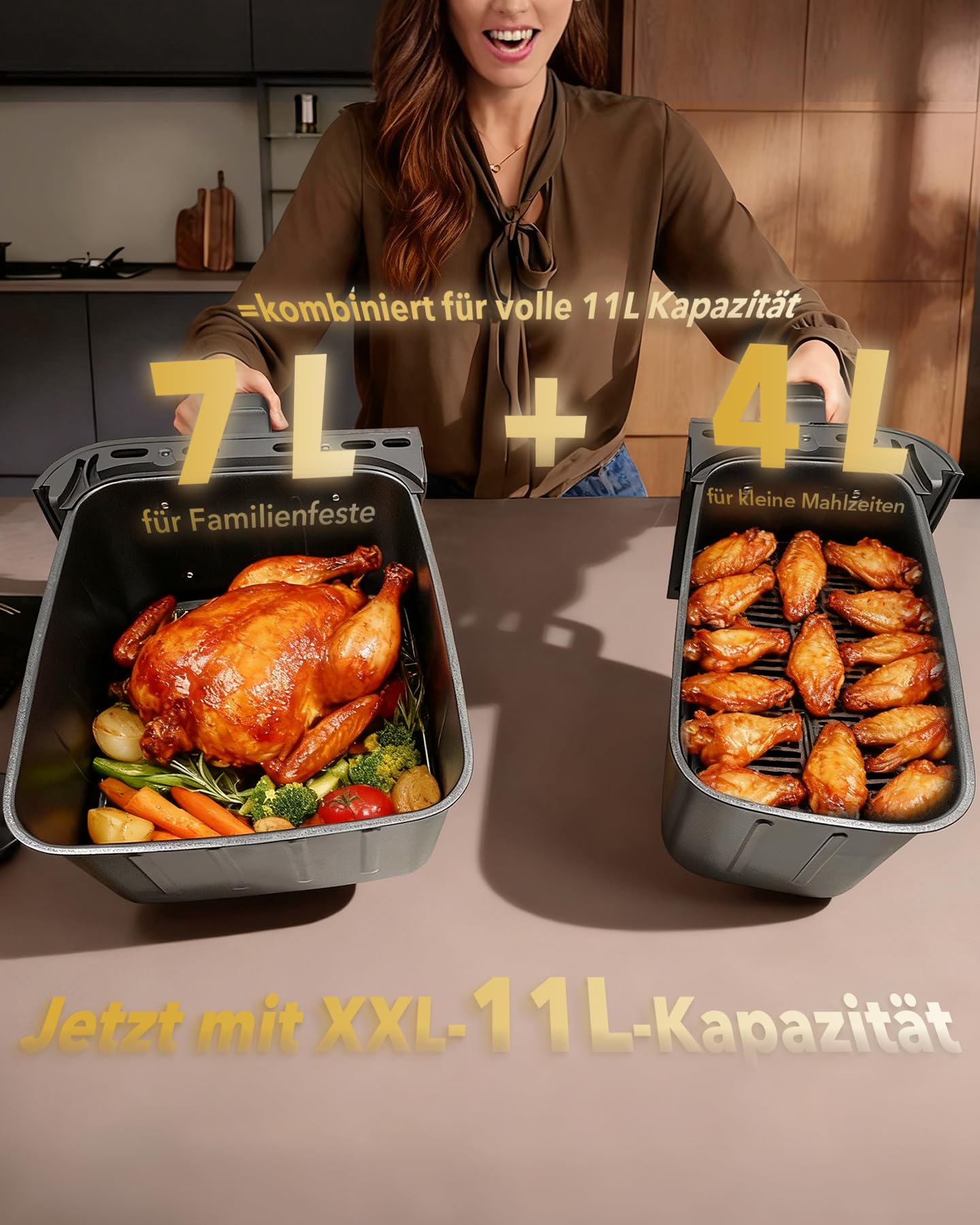 Heißluftfritteuse 2 Kammern, 2600W 11L Airfryer XXL(4+7L) WELLENT 10-in-1 Heissluftfritteuse Doppelkammer Air fryer Dual Zone mit Touchscreen, Match & Synchronisierungsfunktion, spülmaschinenfest 3