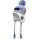USA Winter Knit Beanie with Pom White Ski Cap, Peruvian Hat with Ear Flaps and Fleece Lining