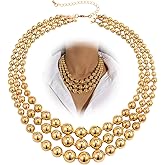 Chunky Gold Beaded Statement Necklace for Women Trendy Thick Big Silver Fake Pearls Beads Chain Layered Charm Choker Necklace Stack Fashion Prom Jewelry