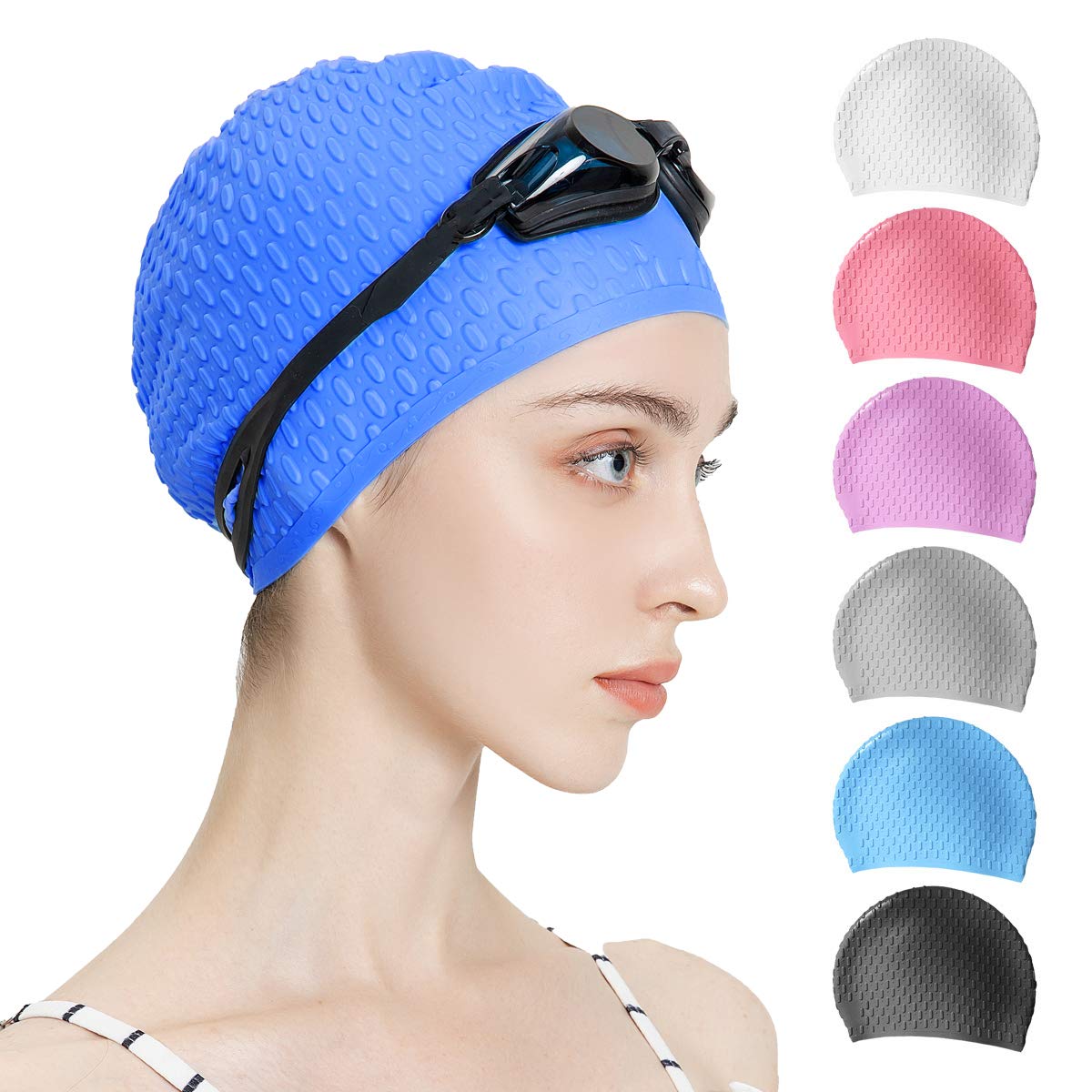 Photo 1 of Tripsky Silicone Swim Cap,Comfortable Bathing Cap Ideal for Curly Short Medium Long Hair, Swimming Cap for Women and Men, Shower Caps Keep Hairstyle Unchanged (Dark Blue)