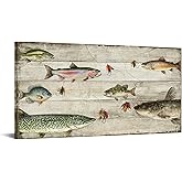KREATIVE ARTS Fishing Wall Art 20x40 Inch Canvas Print Rustic Fish Artwork with Lures and Hooks Lake House Cabin Lodge Man Cave Decor Fishing Enthusiast Home Decoration Ready to Hang