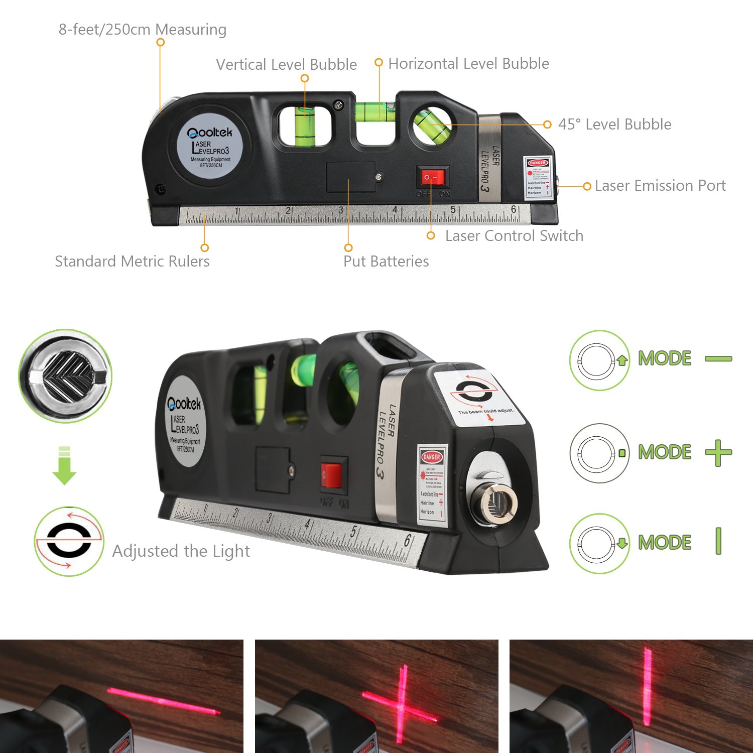 Qooltek Multipurpose Laser Level laser measure Line 8ft+ Measure Tape Ruler 708624849189 eBay