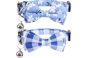 LAMPHYFACE 2 Pack/Set Cat Collar Breakaway with Cute Bow Tie and Bell Plaid Flower for Kitty Adjustable Safety