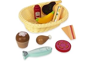 WOODENFUN Wooden Picnic Toy Food Playset,Kids Pretend Play Food Kitchen Accessories with Storage Basket,Toddlers Fake Food Gift for Boys and Girls 2 Years Old Up