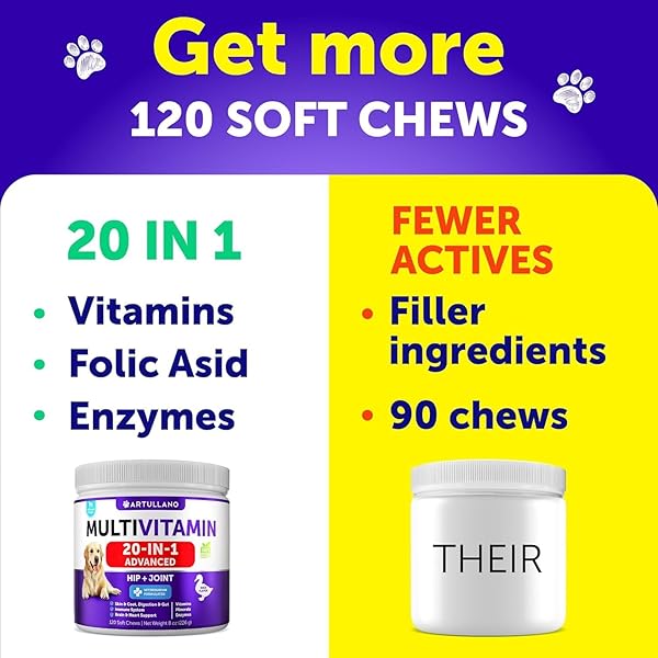 DOG MULTIVITAMIN CHEWABLE WITH GLUCOSAMINE 20 IN 1 – DOG VITAMINS AND SUPPLEMENTS – SENIOR & PUPPY MULTIVITAMIN FOR DOGS – PET JOINT SUPPORT HEALTH – IMMUNITY, MOBILITY, GUT SKIN – 120 CHEWS