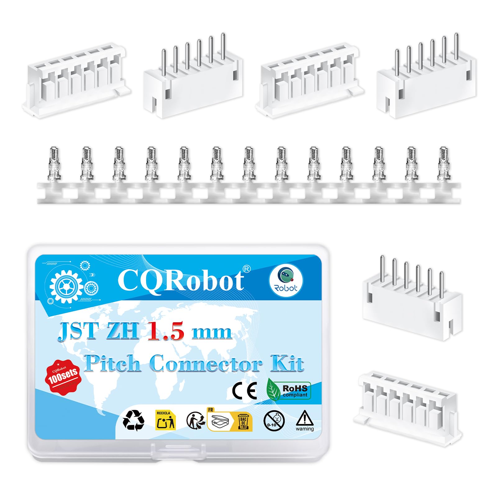 CQRobot JST ZH 1.5 mm Pitch 6-Pin Electronic Computer Connector IC Male Plugs, Female Sockets Housing and T-Shaped Crimp Terminal Kit. 100 Sets/800 Pieces Wire-to-Board Adapter Cable Assembly.