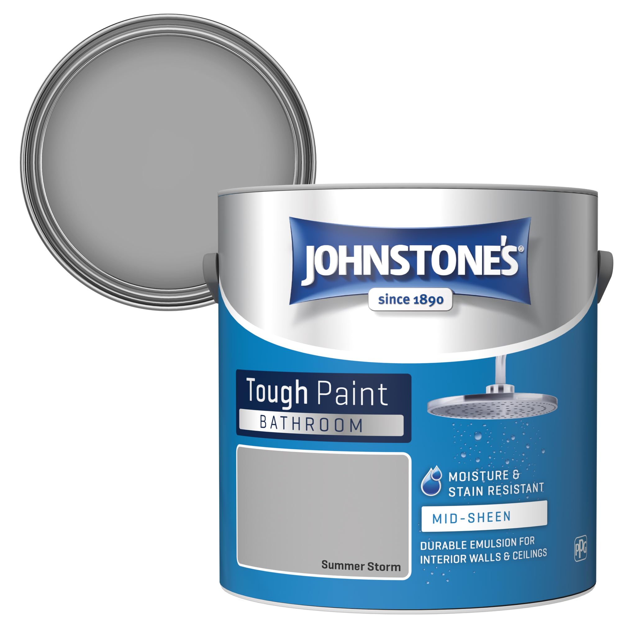 Johnstone's - Bathroom Paint - Summer Storm - Mid Sheen Finish - Stain Blocker Paint - Use in Moist & Damp Areas - Low Odour - Dry in 1-2 Hours - 12m2 Coverage per Litre - 2.5L