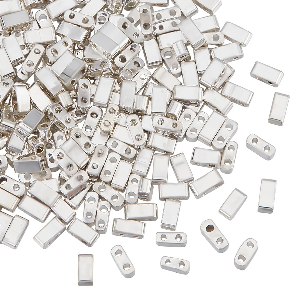 NBEADS 240 Pcs Silver Plated Colors Tila Beads, 4.5-5x2mm Glass Seed Beads 2 Hole Tila Beads Japanese Electroplate Glass Beads for Jewelry Design Necklace Bracelet Earring Making