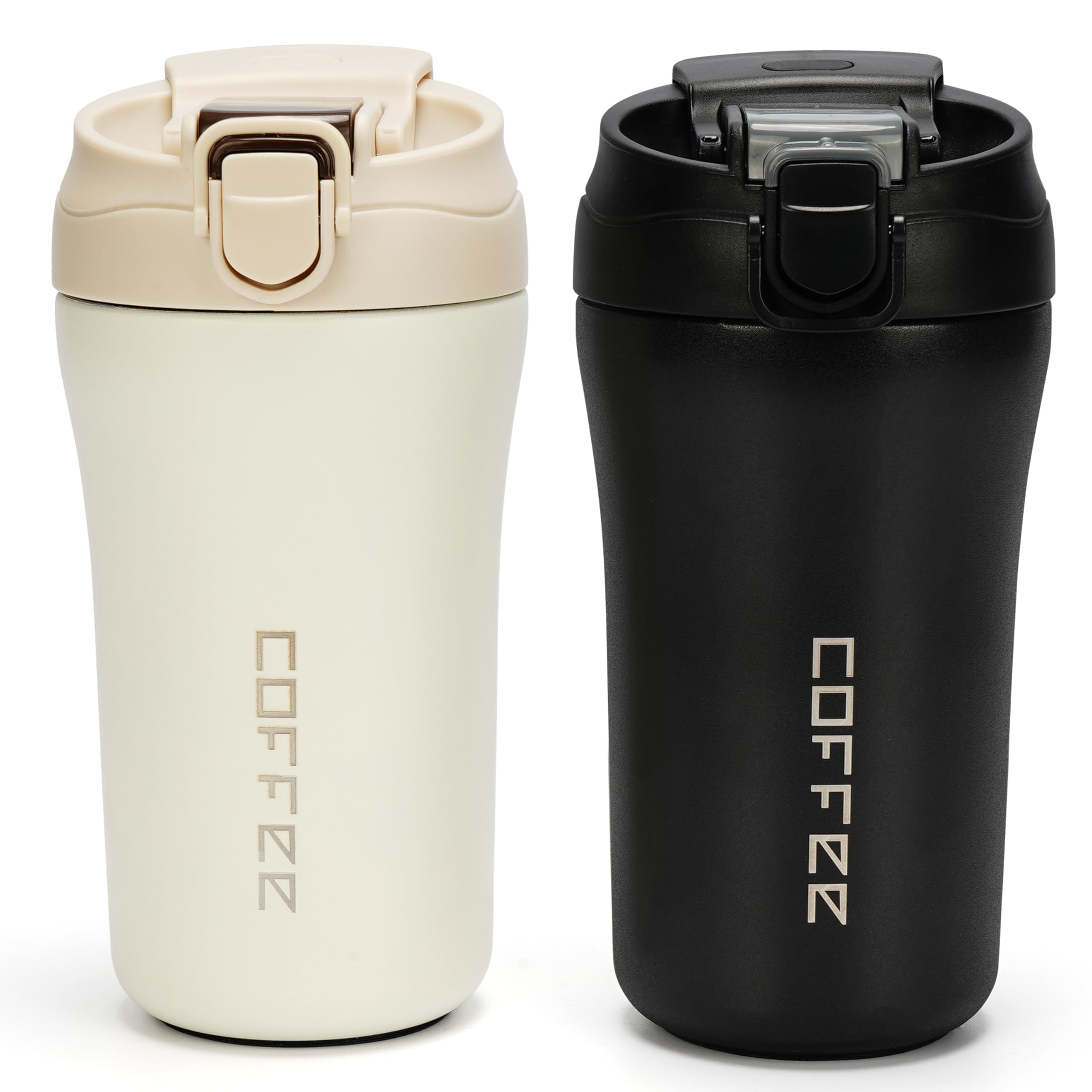 Belle Vous 2 Pack of Travel Coffee Mugs - 400ml/14oz Vacuum Insulated Stainless Steel Hot/Cold Drink Cups with Leakproof Lids - Reusable Thermal Bottles/Tumblers with Straws for Coffee, Tea or Water