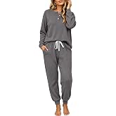 Ekouaer Womens Pajamas Set Knit Pjs Long Sleeve Lounge Set Soft Loungewear | Jogger Pants,Casual Lounge Sets,Comfy Pjs Long Sleeve Knit Ribbed Fall Winter Sleepwear with Pockets