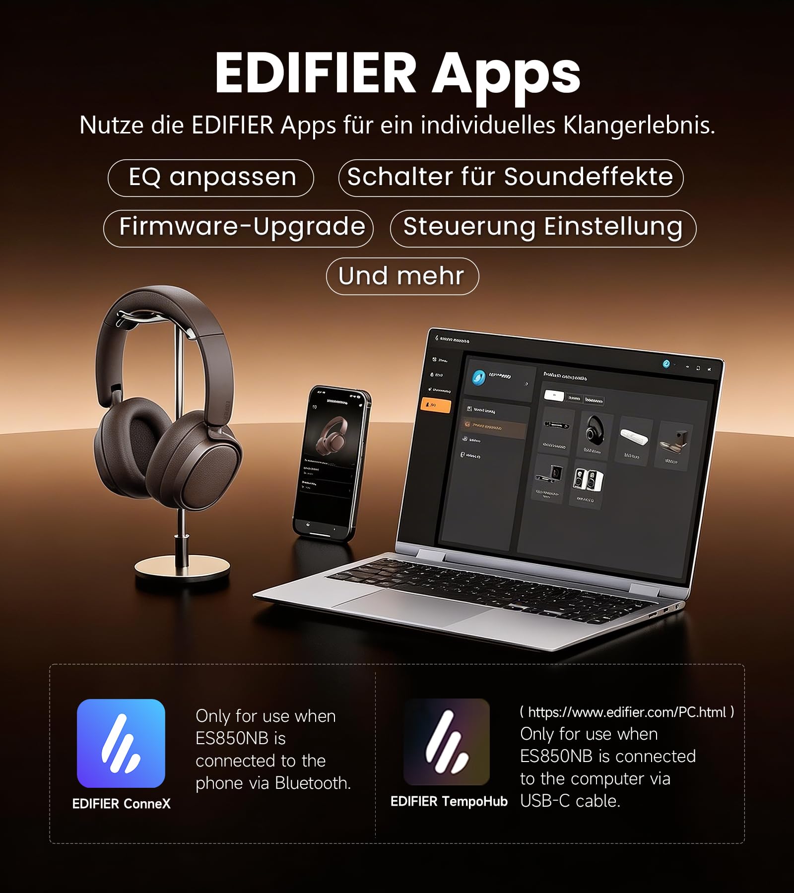 Edifier ES850NB Kabellose Over-Ear-Kopfhörer mit Geräuschunterdrückung, Hi-Res Audio Wireless, LDAC, 92h Spielzeit, Bluetooth 5.4 & Multipoint, KI-Anrufgeräuschreduzierung, Faltbar – Braun 8