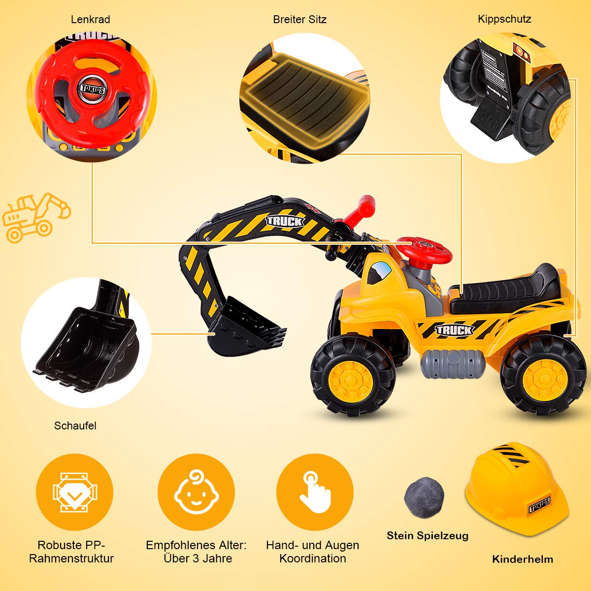 COSTWAY Sitzbagger mit eingebautem Ablagefach, Kinderbagger mit Horn, Sandbagger, Rutscher Bagger, Schaufelbagger, Aufsitzbagger für Kinder ab 3 Jahren, inkl. 3 Steine und Helm 4