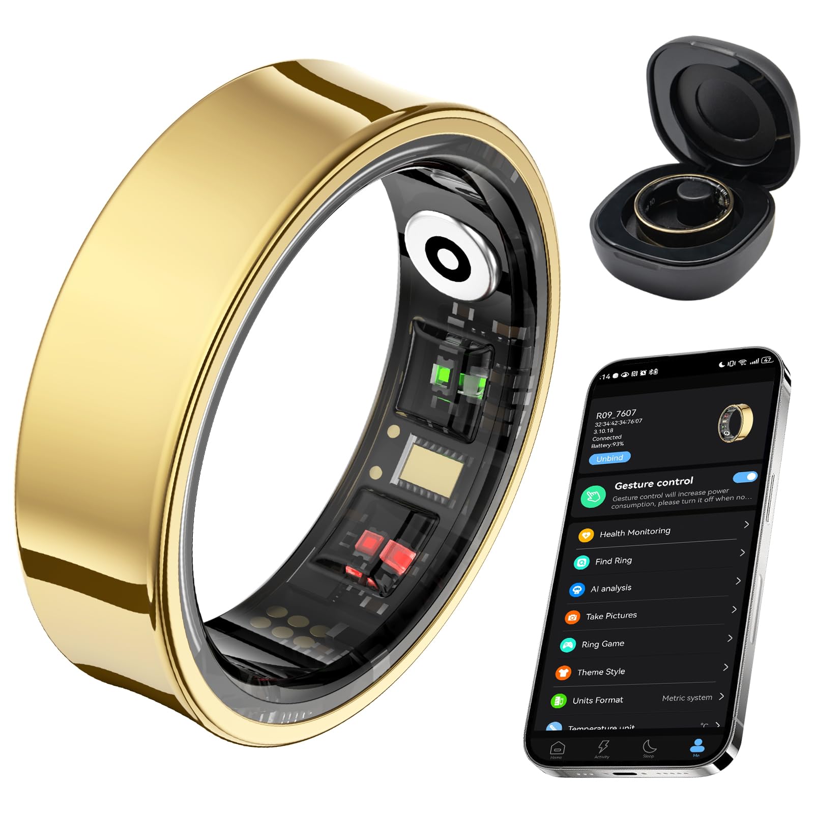 Photo 1 of AMOVAN Smart Ring for Women Men, Fitness Tracker Ring with Body Temperature, Heart Rate, Blood Oxygen, Sleep Monitor, Calories, No Subscription Fee, IP68 Waterproof for iPhone & Android (Gold, #10)