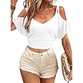 LilyCoco Womens V Neck T Shirts Sexy Cropped Cold Shoulder Tops Open Back Top