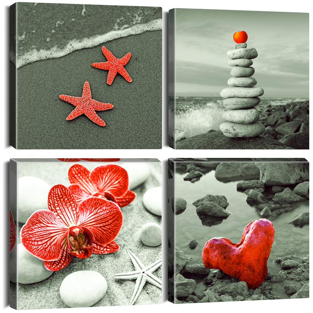 Artscope 4 Pieces Wall Art Canvas Prints - Seaside Red Starfish and Apples and Flowers and Love Hearts Picture Painting- Modern Wall Artwork Framed for Bathroom Home Office Decor - 30 x 30 CM