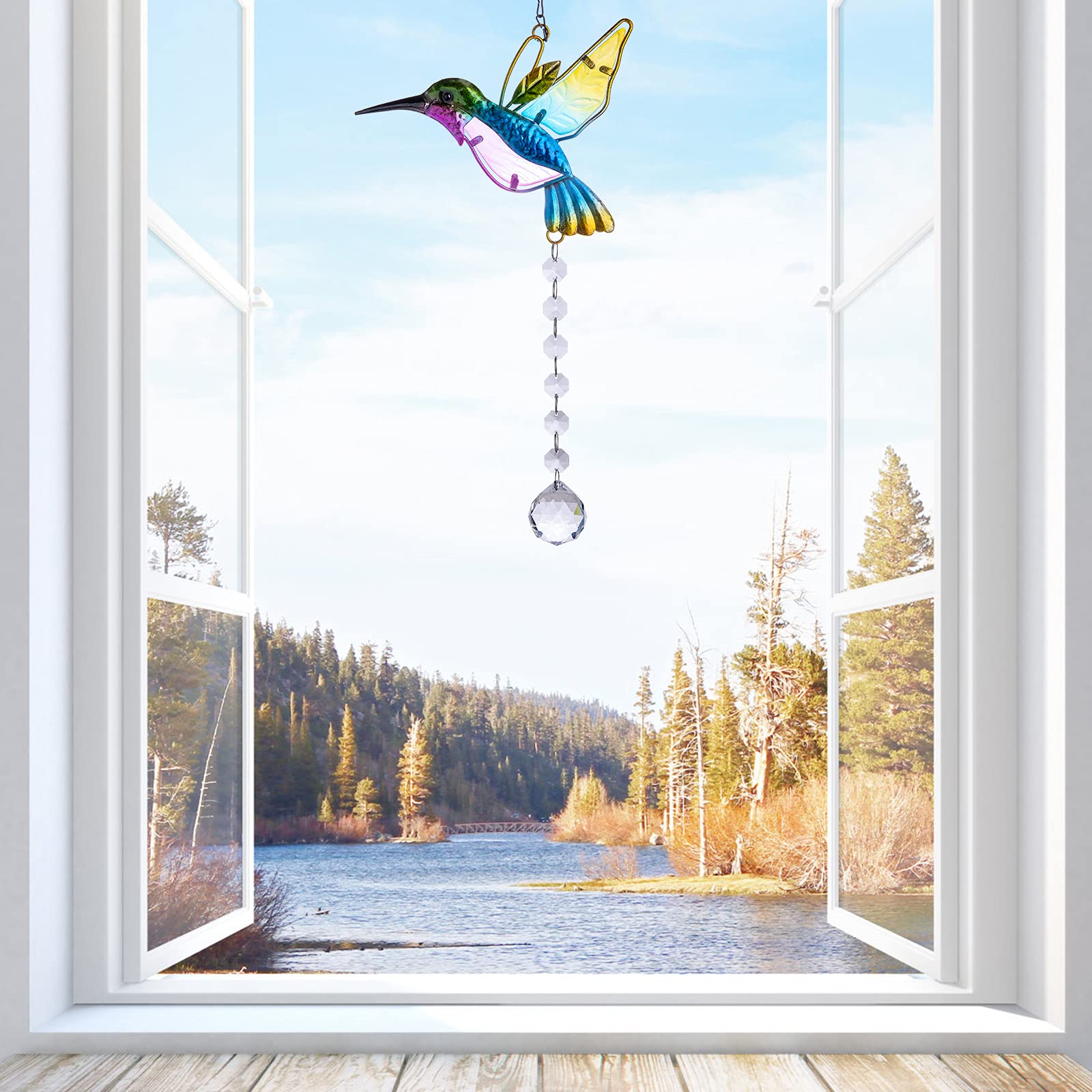 SUHANIOP Crystal Suncatcher Hummingbird, Stained Glass Window Hanging Rainbow Maker for Indoor Outdoor Home Garden Office Decoration, Gifts for Women Girls Bird Lovers