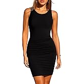 Missufe 2025 Summer Tank Dress for Women Round Neck Ruched Bodycon Ribbed Slim Fitted Casual Mini Dress