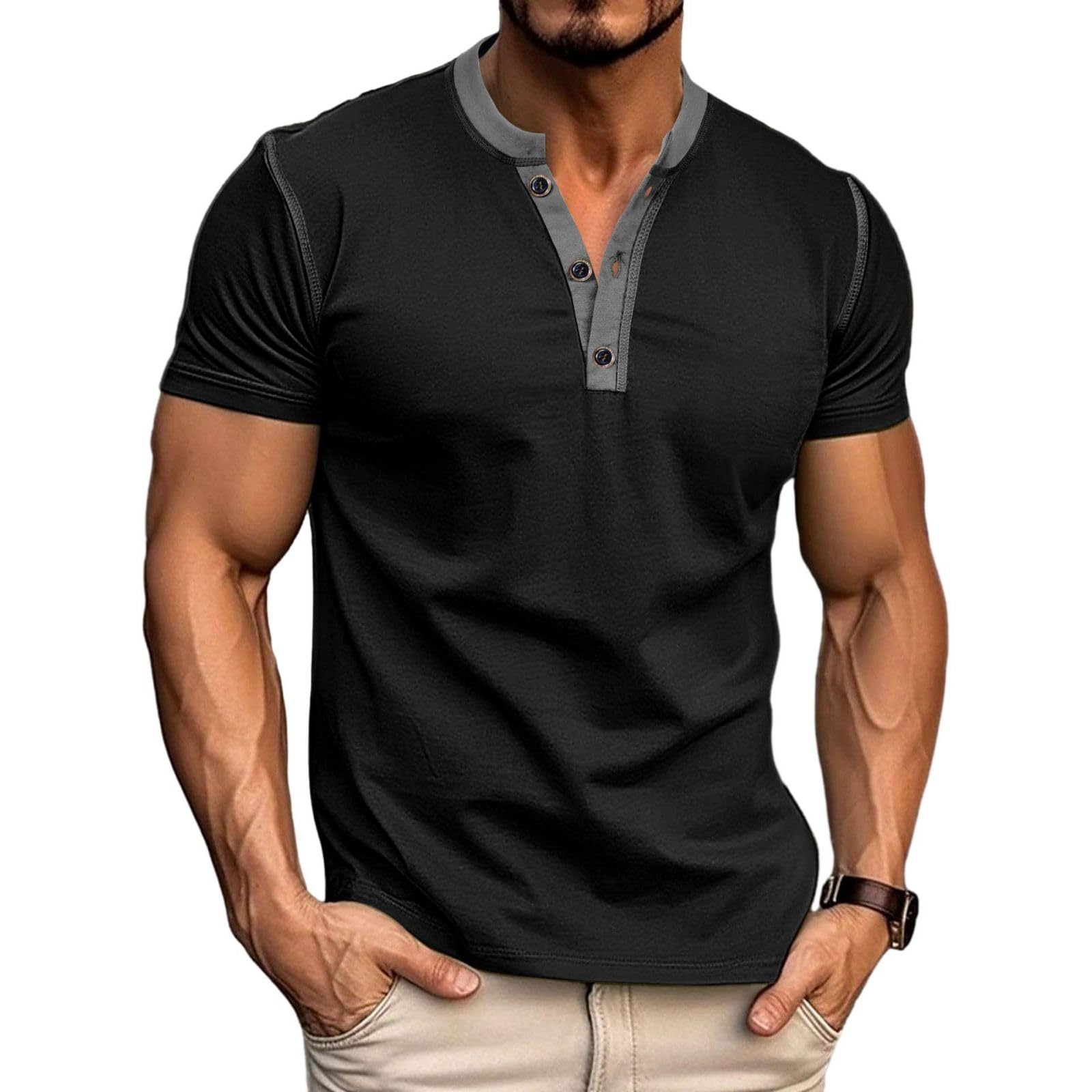 Photo 1 of *Minor Damage*
Men's Casual Henley Shirts Classic Button Cotton Short Sleeve T-Shirt Summer Basic Solid Lightweight Tees Tops Black