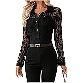 SOLY HUX Women's Lace Sheer Button Down Blouse Long Sleeve Collared Shirts Old Money Outfits