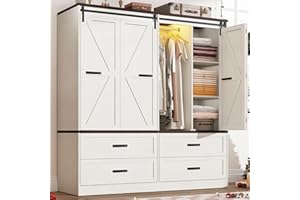 JITEENTAROU Farmhouse 4 Doors Armoire Wardrobe Closet w/Folding Sliding Barn Door and Lights, LED Armoire Closet w/Drawers for Bedroom, Freestanding Wooden Wardrobe Storage Closets w/Hanging Rod,Antique White